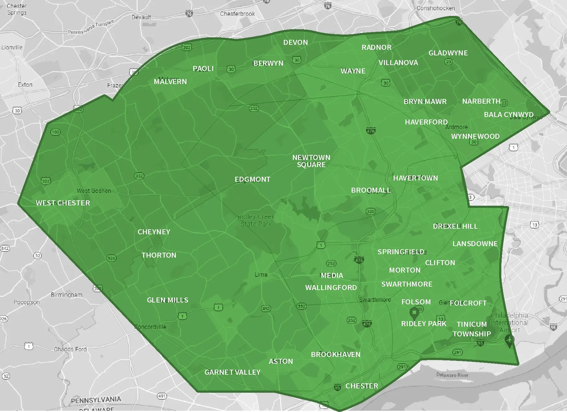 Service Area Map: Delaware County, Montgomery County, Chester County, Philadelphia, Springfield, Lansdowne, Havertown, Broomall, Media, Newtown Square, West Chester, Glen Mills, Garnet Valley, Aston, Wallingford, Swarthmore, Drexel Hill, Malvern, Paoli, Berwyn, Radnor, Wayne, Villanova, King of Prussia, Gladwyne, Narberth, Ardmore, Haverford, Conshohocken, Lafayette Hill, Ridley Park, Folcroft, Tinicum