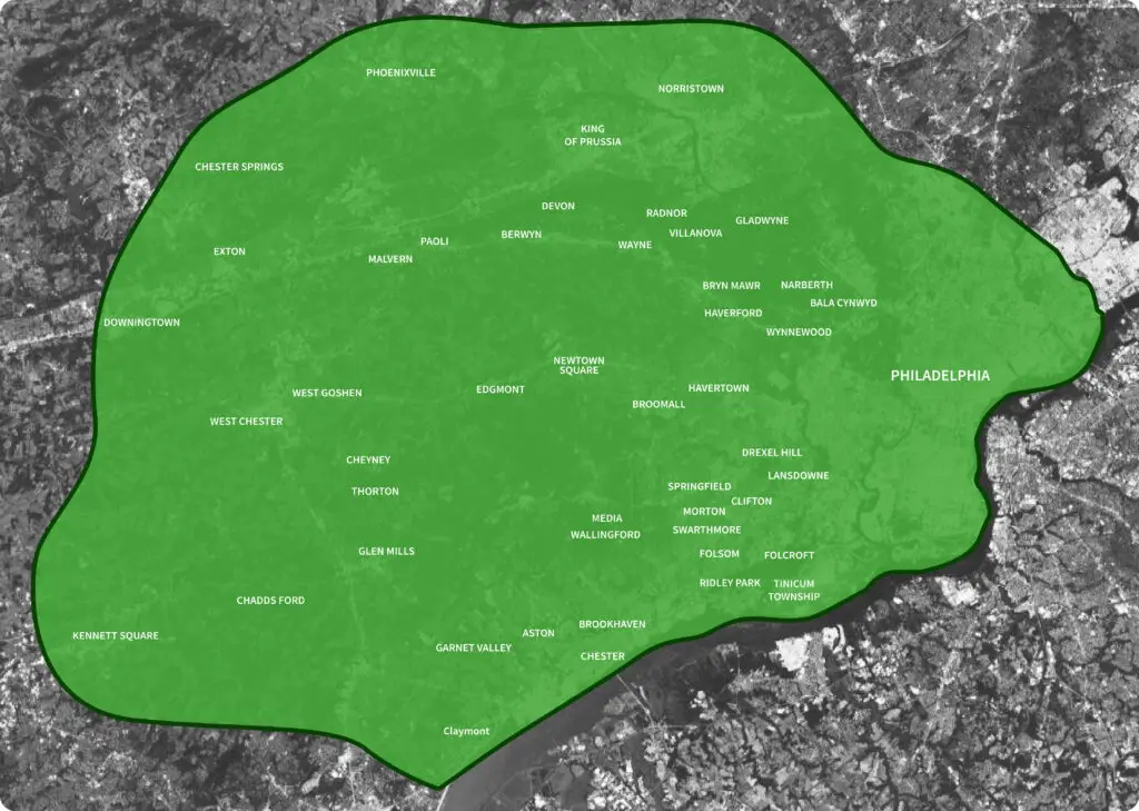 Executive Tree Care service area map covering Delaware County, Montgomery County, Chester County and Philadelphia County PA